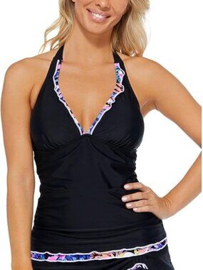 Island Escape Mariposa Halterkini Swim Tankini Top Black ( 14 )